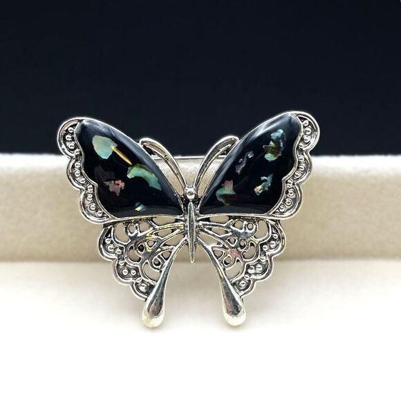 Silver with Embedded Shell and Black Enamel Butterfly Pin Back Brooch - Picture 3 of 7